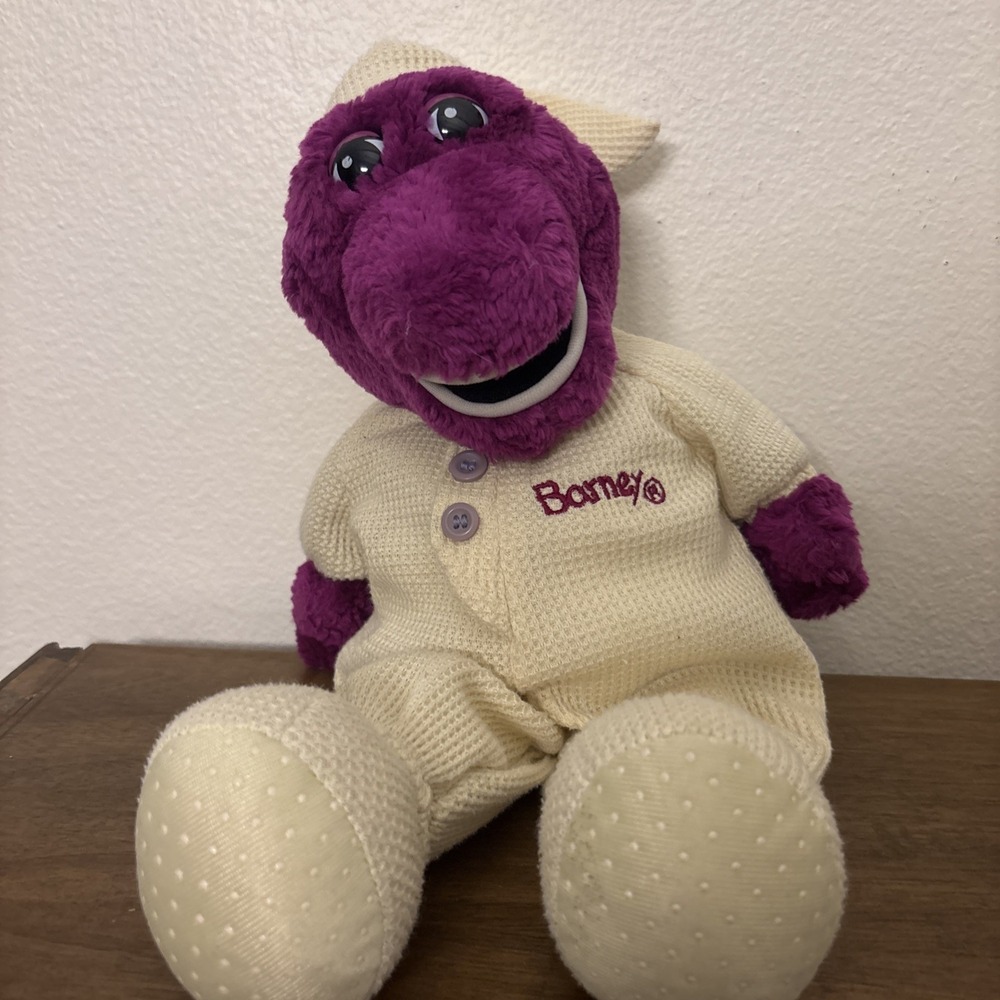 VINTAGE 1990'S BEDTIME BARNEY PLUSH YELLOW THERMAL KNIT PAJAMAS 16"  B-002